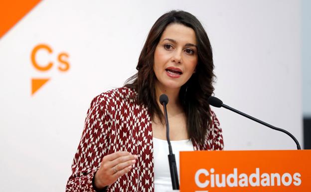 Arrrimadas, durante la rueda de prensa de hoy en la madrileña sede de Ciudadanos. 