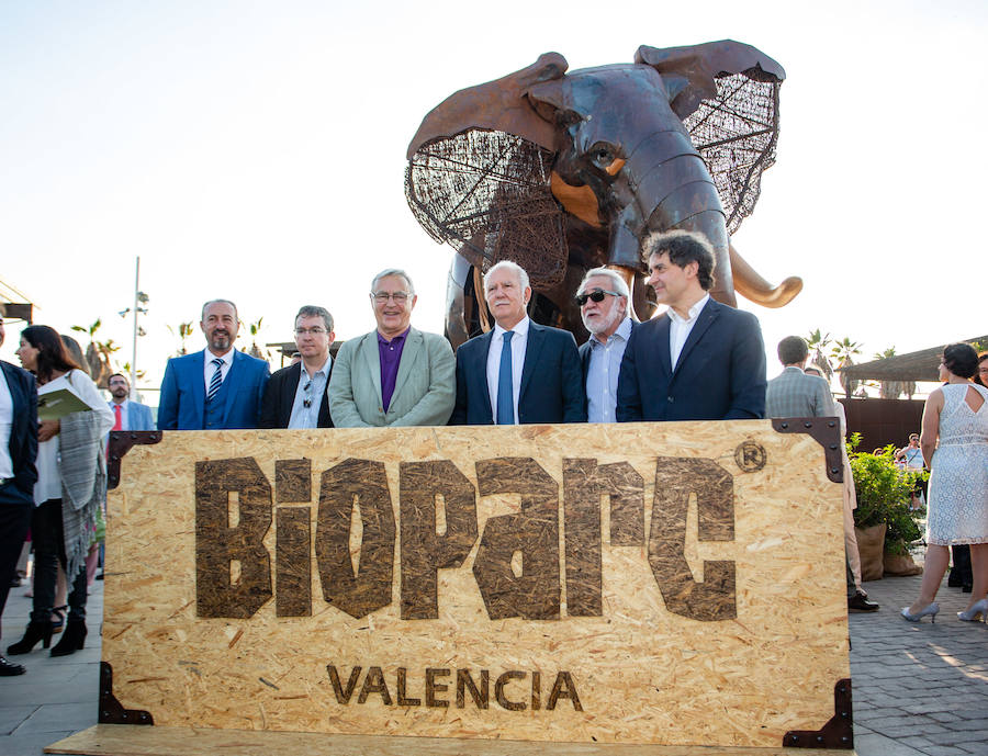 El alcalde de Valencia, Joan Ribó, el secretario autonómico de Turismo, Francesc Colomer, el escritor Santiago Posteguillo y el presidente de Rain Forest, José Maldonado, inauguran la impresionante escultura de un elefante africano, hito de la celebración del 10º aniversario del parque.