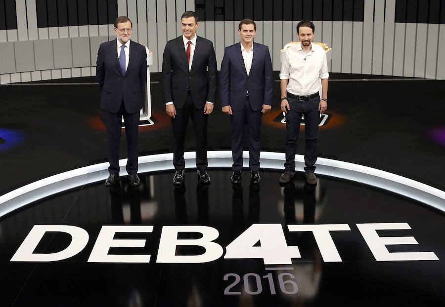 En 2016 se celebraba el primer debate a cuatro de cara a las segunda elecciones generales que se celebraban en apenas un año junto con Sánchez, Iglesias y Rivera.