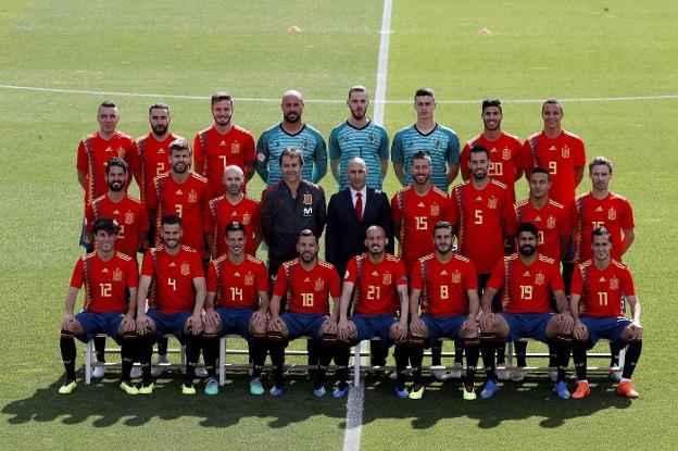 La selección que representará a España en el Mundial de Rusia 2018, ayer, en la Ciudad del Fútbol de Las Rozas. 