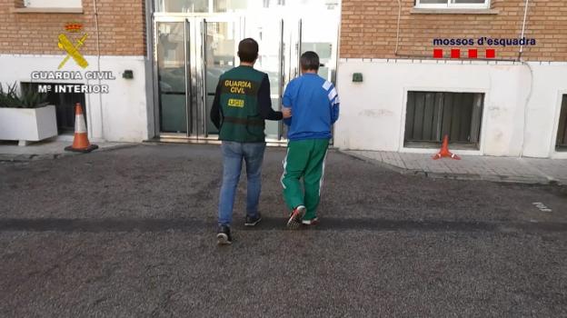 Un agente de la Guardia Civil traslada a uno de los detenidos en la operación contra la pornografía infantil. 