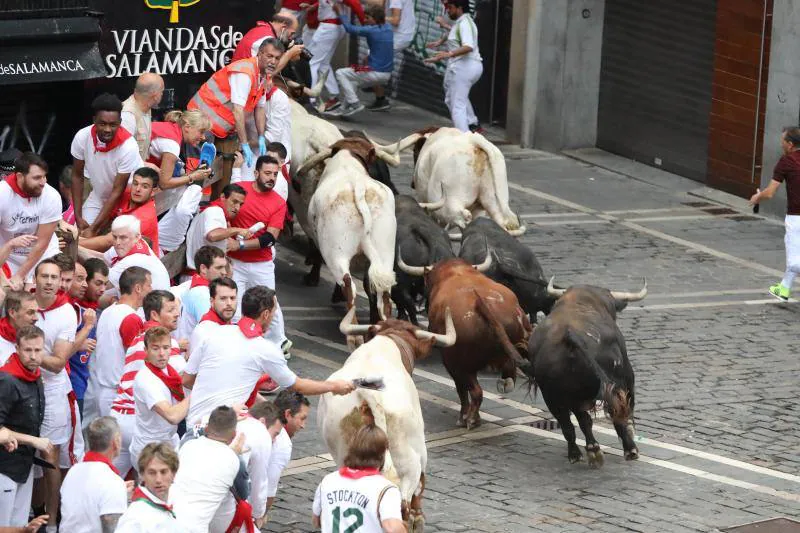 En total, cinco corredores han sido trasladados al Complejo Hospitalario de Navarra tras el séptimo encierro de Sanfermines, protagonizado por toros de Jandilla y que han dejado un corredor herido por asta de toro.