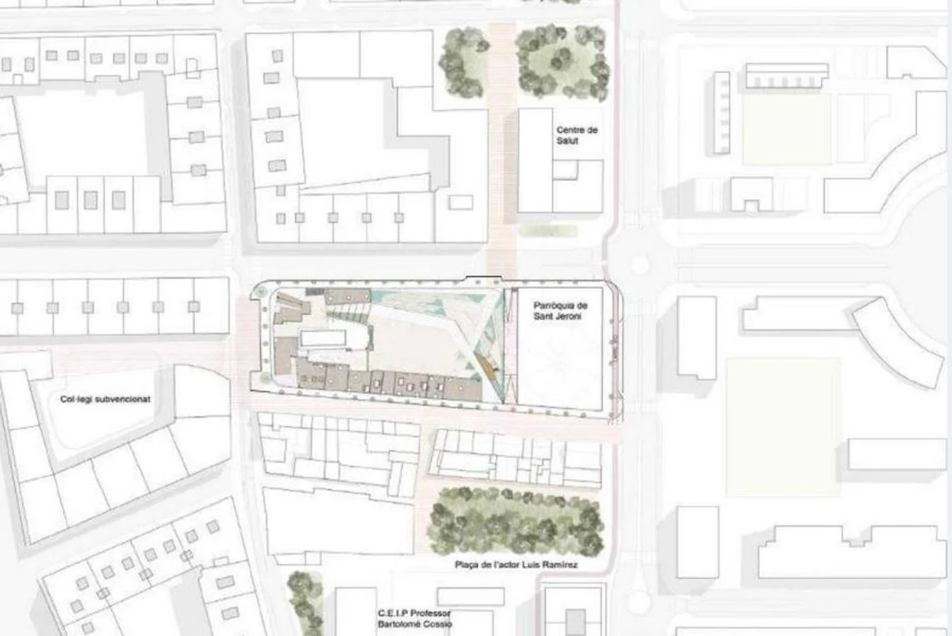 La idea que se trabaja en el jardín es la de recuperar simbólicamente la huella del pasado desaparecido de Orriols: en la composición de pavimentos se redibuja la trama borrada por las modificaciones urbanísticas.