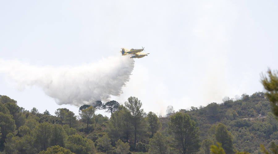 Medios aéreos combaten las llamas del incencio forestal de Llutxent