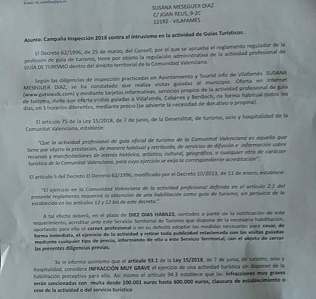 Denuncia recibida por la guía turística no habilitada.