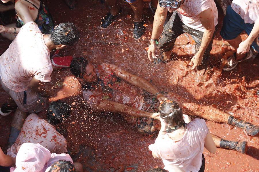 Buñol ha vivido este miércoles su fiesta más internacional. La Tomatina 2018 ha reunido a 20.000 personas que se han lanzado 145.000 kilos de tomate en la batalla menos cruenta de la historia. Ataviados con ropa vieja, gafas protectoras o chubasqueros, extranjeros y locales han disfrutado a tope de una fiesta que, además de diversión, genera un importante retorno económico a la localidad. 