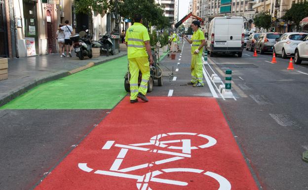 Señalización con pintura roja del carril bici, junto a la zona peatonal provisional.