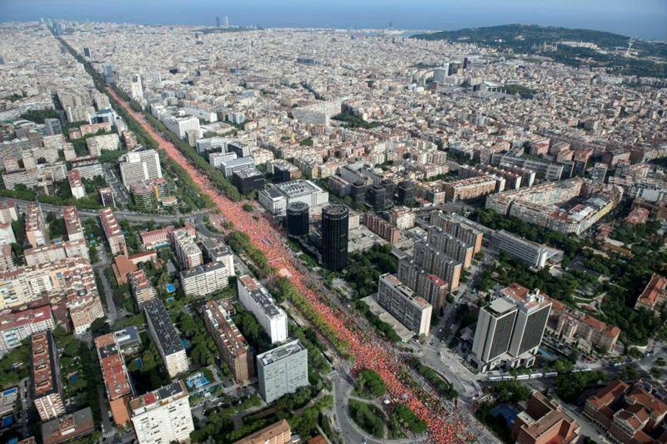 Esteladas, camisetas fluorescentes de color coral patrocinadas por la Asamblea Nacional Catalana (ANC) y lazos amarillos inundan las calles