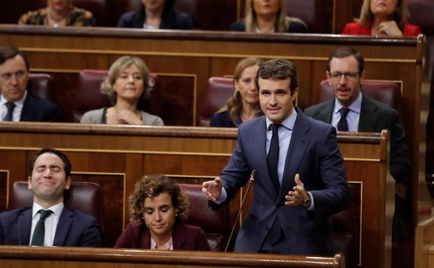 Pablo Casado, durante el último pleno de control al Gobierno, en el Congreso de los Diputados.