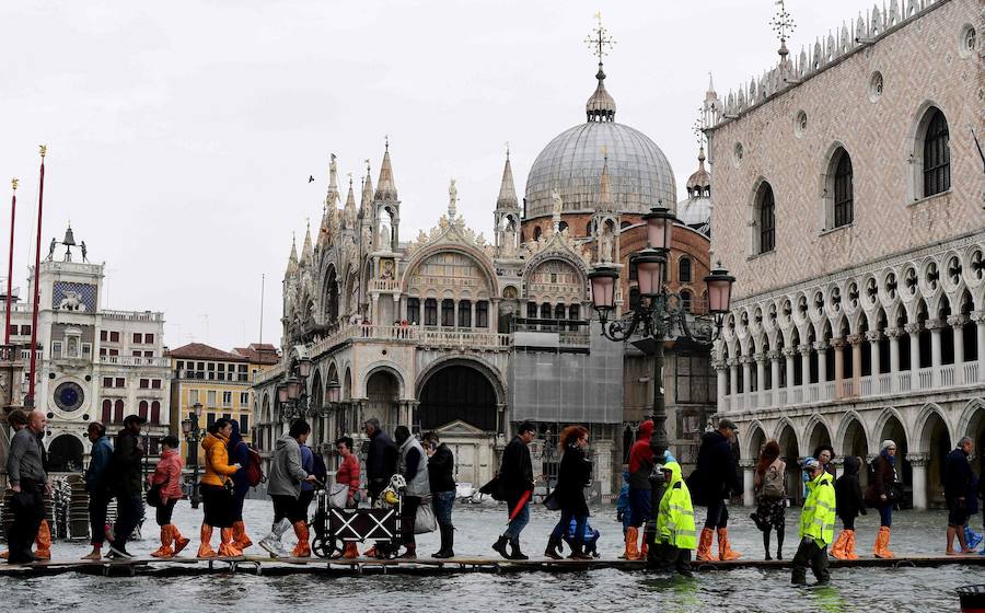 El agua alcanzó el lunes un nivel histórico en Venecia debido al  temporal de fuertes vientos, precipitaciones y mareas altas que azota Italia , donde además muchas escuelas se vieron obligadas a cerrar. Hacia las 15 horas, el 'acqua alta' (agua alta) alcanzó un máximo de 156 centímetros en Venecia. Las habituales pasarelas de madera que permiten caminar en seco en caso de inundación dejaron de ser seguras. La plaza de San Marcos quedó inaccesible para los turistas y muchos decidieron recorrer las calles de alrededor. Los niños iban a hombros de sus padres y con los pies empapados. Es la sexta vez en la historia reciente de la ciudad que el 'acqua alta' supera los 150 centímetros: en 1951 llegó a 151 cm.; en 1976 a los 166 cm.; en 1986 alcanzó los 159 cm.; en 2008 se situó en 156 cm. y en noviembre de 1966 logró un nivel récord de 194 cm.