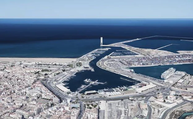 Imagen principal - Una empresa propone levantar en la Marina de Valencia una torre eólica de 170 metros