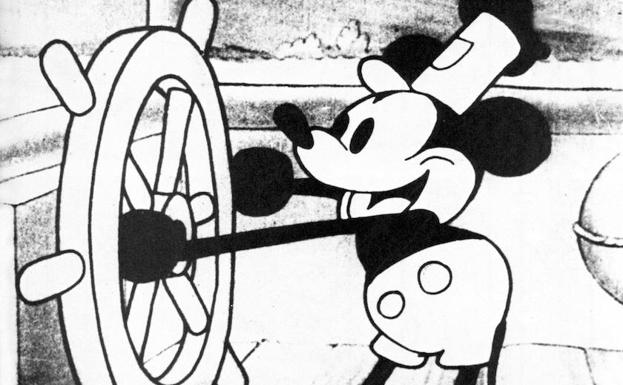 Dibujo de Mickey Mouse en blanco y negro.