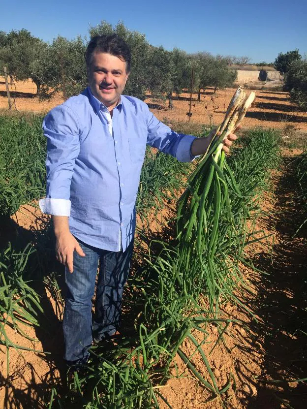 Javier Soriano en el campo de calçots. 