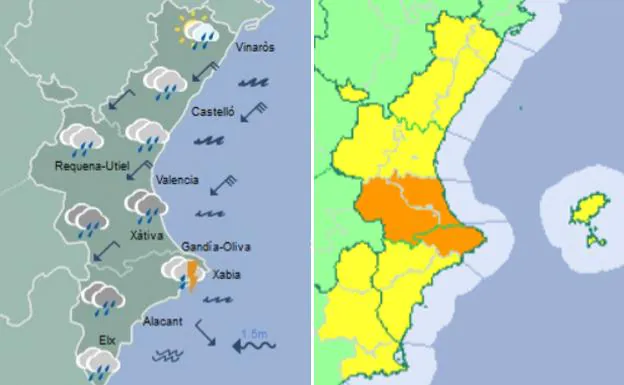 Previsión del tiempo y nivel de alerta en la Comunitat Valenciana de 12 a 00 horas del lunes 19 de noviembre.