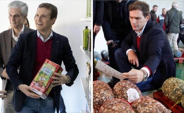 Pablo Casado (izq.) y Albert Rivera (dcha.) en sendos actos electorales este jueves.