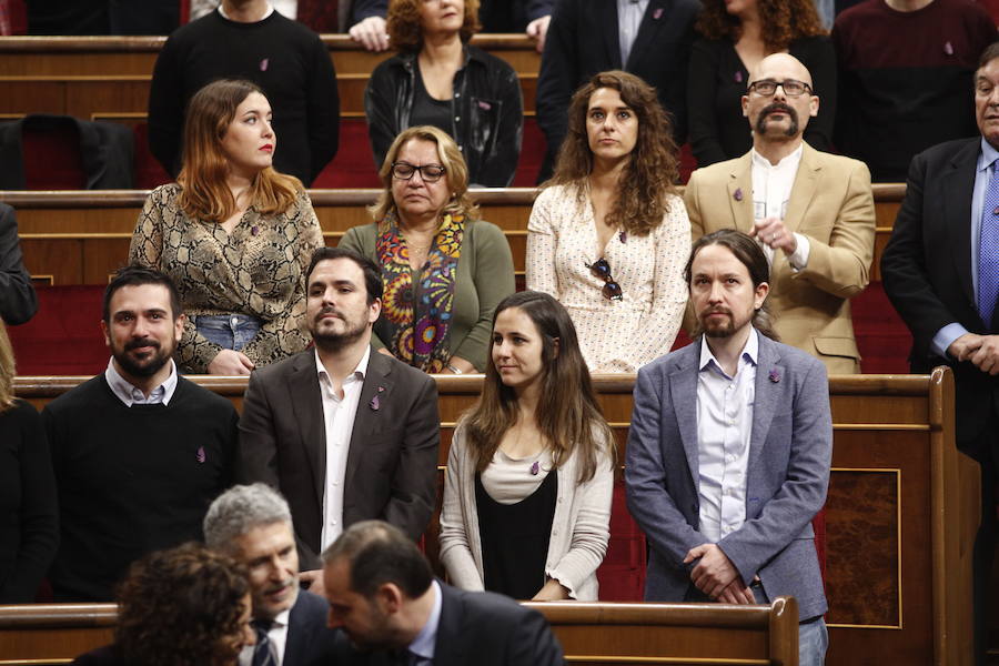 Ramón Espinar, Alberto Garzón, Ione Belarra y Pablo Iglesias (de izquierda a derecha).