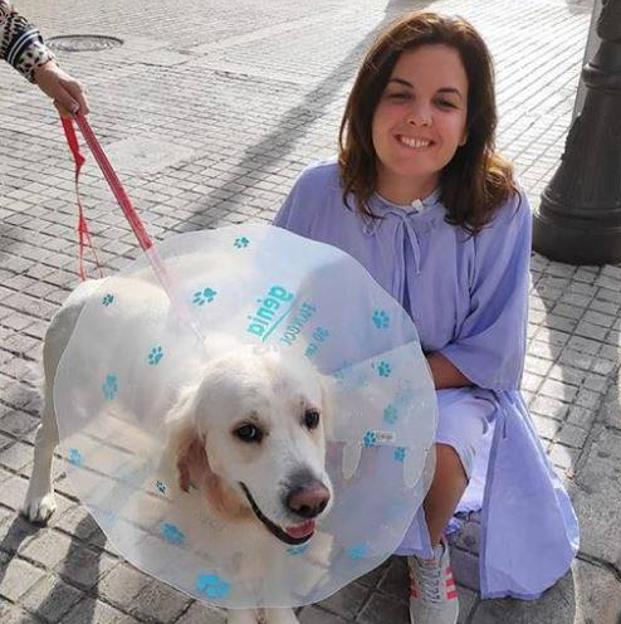 Sandra Gómez muestra a su perro 'Pep' tras el ataque recibido.