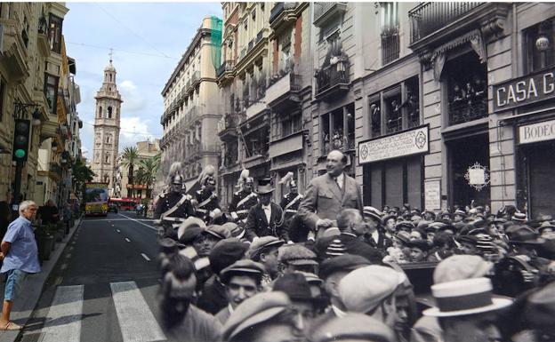 Fotomontaje de José Plana. Comitiva de Blasco en la calle de la Paz.