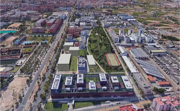 Imagen aérea del campus con la figuración de los nuevos edificios, a la izquierda de color blanco. 