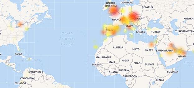 Mapa de la caída de Whatsapp en todo el mundo.