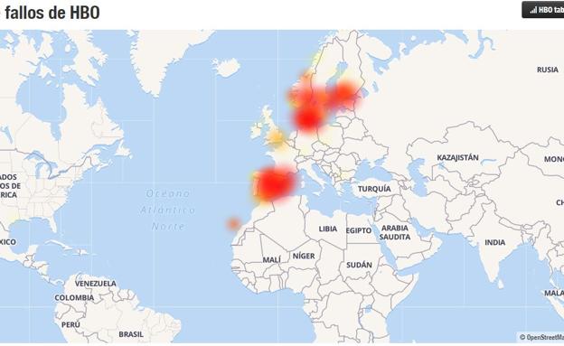 Mapa de fallos de HBO tras el estreno de Juego de Tronos 8. 