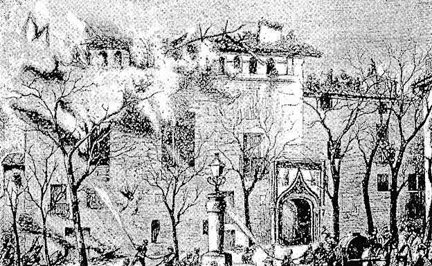 Imagen principal - Edificio Mossén Sorell en 'El anunciador de Valencia' y portada de Mossén Sorell fotografiada por Laurent. | Fuego en el edificio de La Nau.