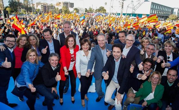 Isabel Bonig, María José Catalá, Alberto Fabra, José Císcar y Fernando de Rosa, entre otros, en el último acto de la campaña electoral del PPCV antes del 28A.