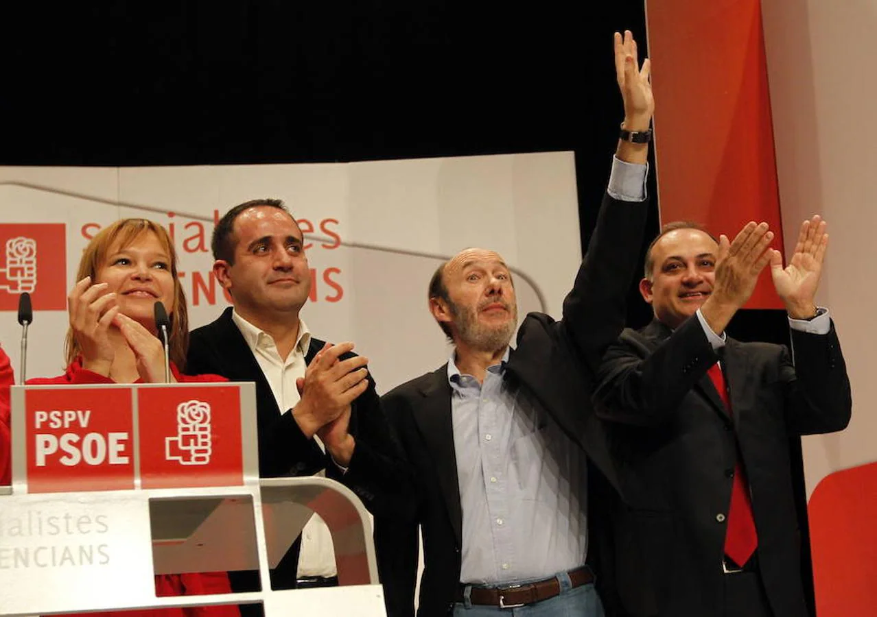 Leire Pajín, Jorge Alarte, Alfredo Pérez Rubalcaba y Joan Calabuig en Valencia (2010).