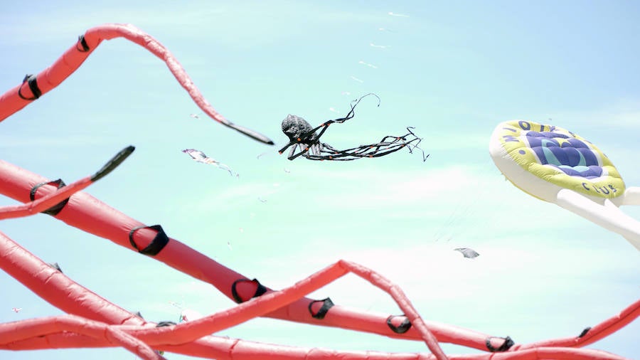 Todo tipo de animales, formas, figuras y banderas ha sobre volado el cielo de Valencia en el XXI Festival de Milotxes que se ha celebrado este fin de semana en la playa del Cabanyal. Alrededor de 100 participantes provenientes de Alemania, Chile y Argentina, junto a los pilotos valencianos y del resto de España, han competido en las modalidades de exhibición de vuelo acrobático individual, vuelo acrobático en equipo, y mejor cometa estática de construcción propia.