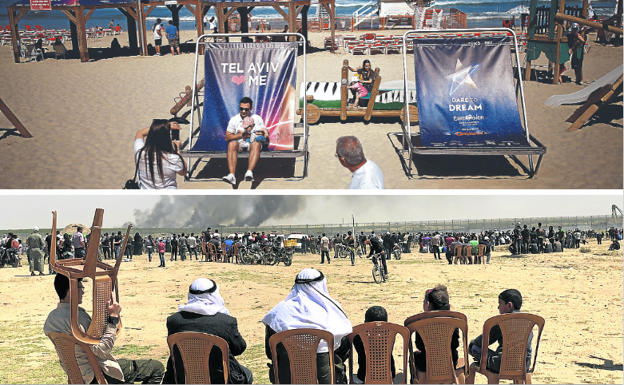 Contrastes en Israel. Arriba, una mujer le hace una foto a un hombre y un niño sentados en una de las hamacas colocadas en la playa con motivo de Eurovisión. Abajo, gazatíes en la Franja de Gaza.