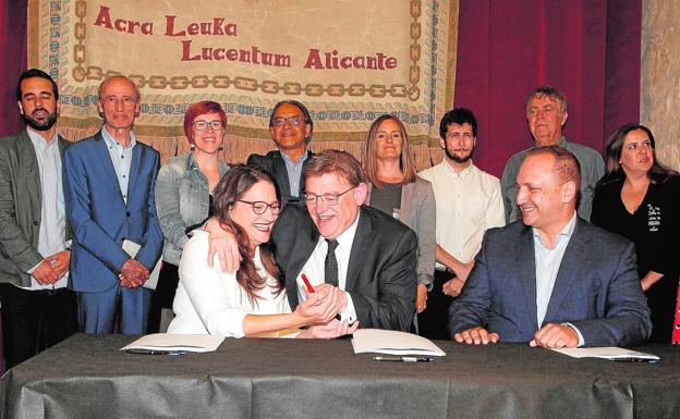 Mónica Oltra, Ximo Puig y Rubén Martínez Dalmau, ayer.