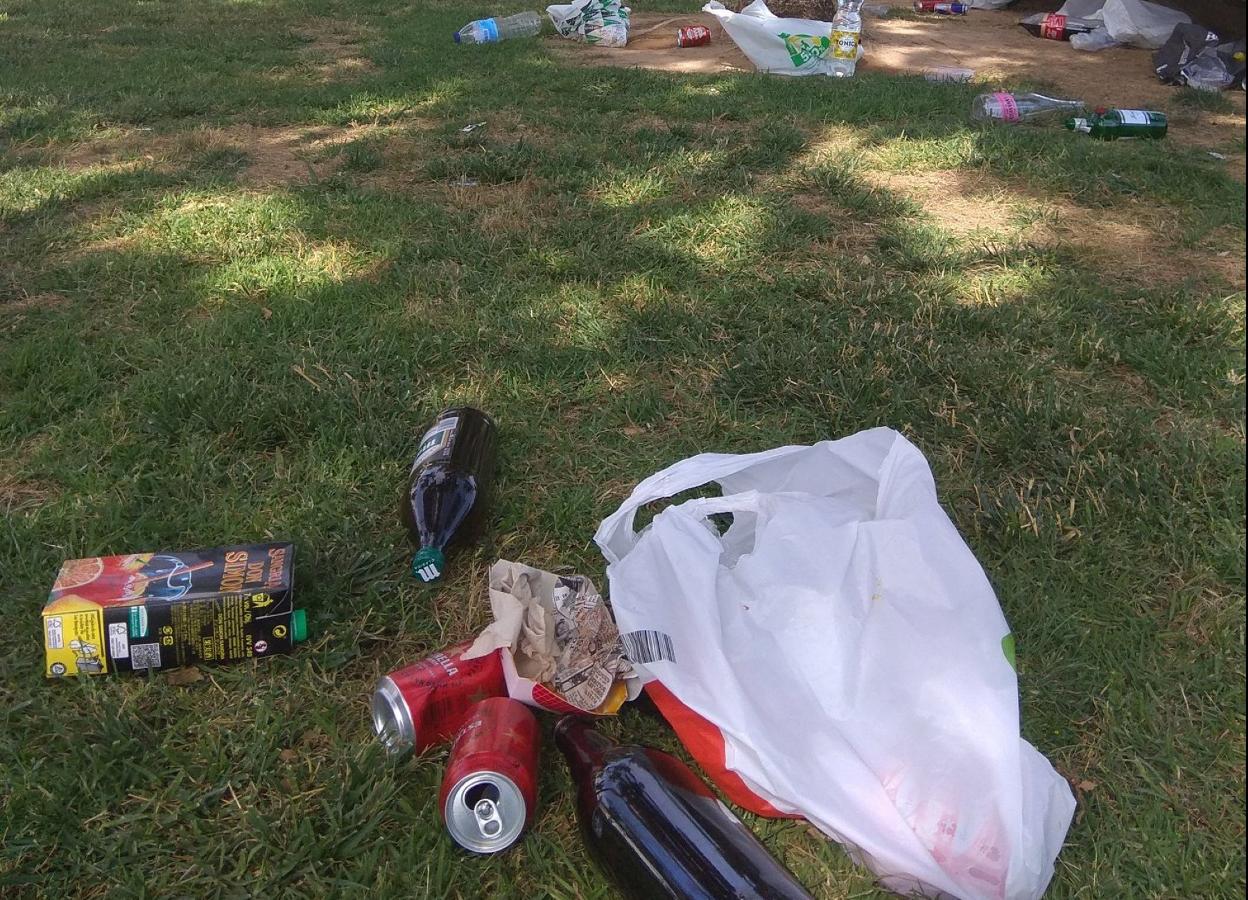 Restos del botellón en los jardines de la Marina de Valencia, el domingo por la mañana. 