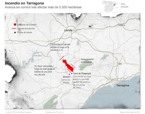 Imagen principal - Los bomberos consiguen estabilizar el 80% del incendio de Tarragona