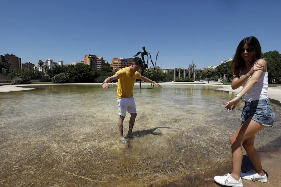 Temperaturas cercanas a los 40 grados en algunas poblaciones y las vacaciones aún lejos para muchos, empujan a los valencianos a buscar fórmulas para combatir el calor. Playas, piscinas y hasta fuentes son buenas para refrescarse. Hasta los animales del Bioparc tienen su ración de helado.