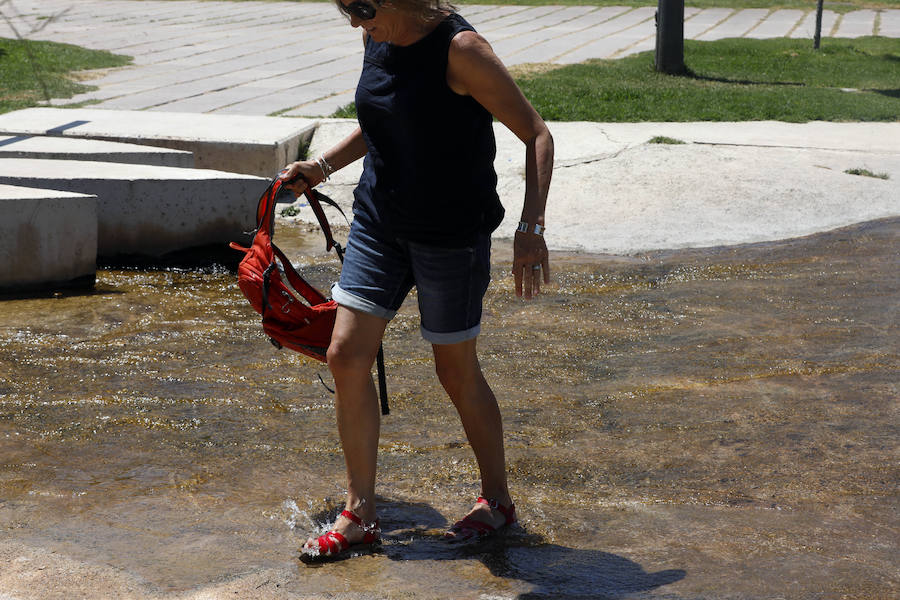 Temperaturas cercanas a los 40 grados en algunas poblaciones y las vacaciones aún lejos para muchos, empujan a los valencianos a buscar fórmulas para combatir el calor. Playas, piscinas y hasta fuentes son buenas para refrescarse. Hasta los animales del Bioparc tienen su ración de helado.