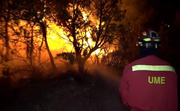 Un soldado de la UME, durante la extinción del fuego de la Ribera del Ebro.