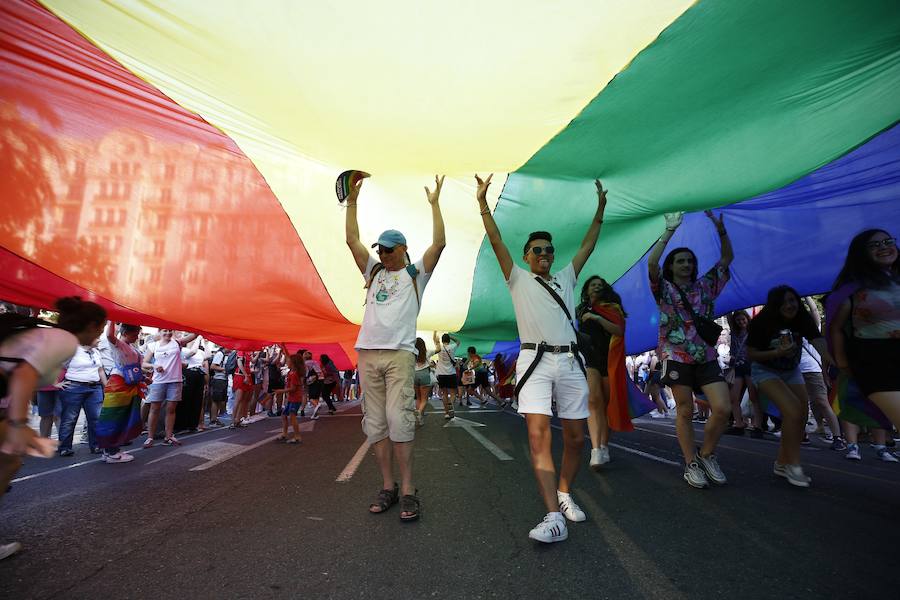 Un carnaval arcoiris recorre este sábado las principales calles del centro de Valencia en defensa de los derechos LGTB+, por la diversidad sexual, de género y familiar en el 40 aniversario de la primera manifestación del colectivo homosexual en la capital de la Comunitat.