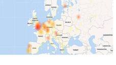 Mapa de calor que indica las zonas geográficas europeas que más problemas de conexión han experimentado con Instagram