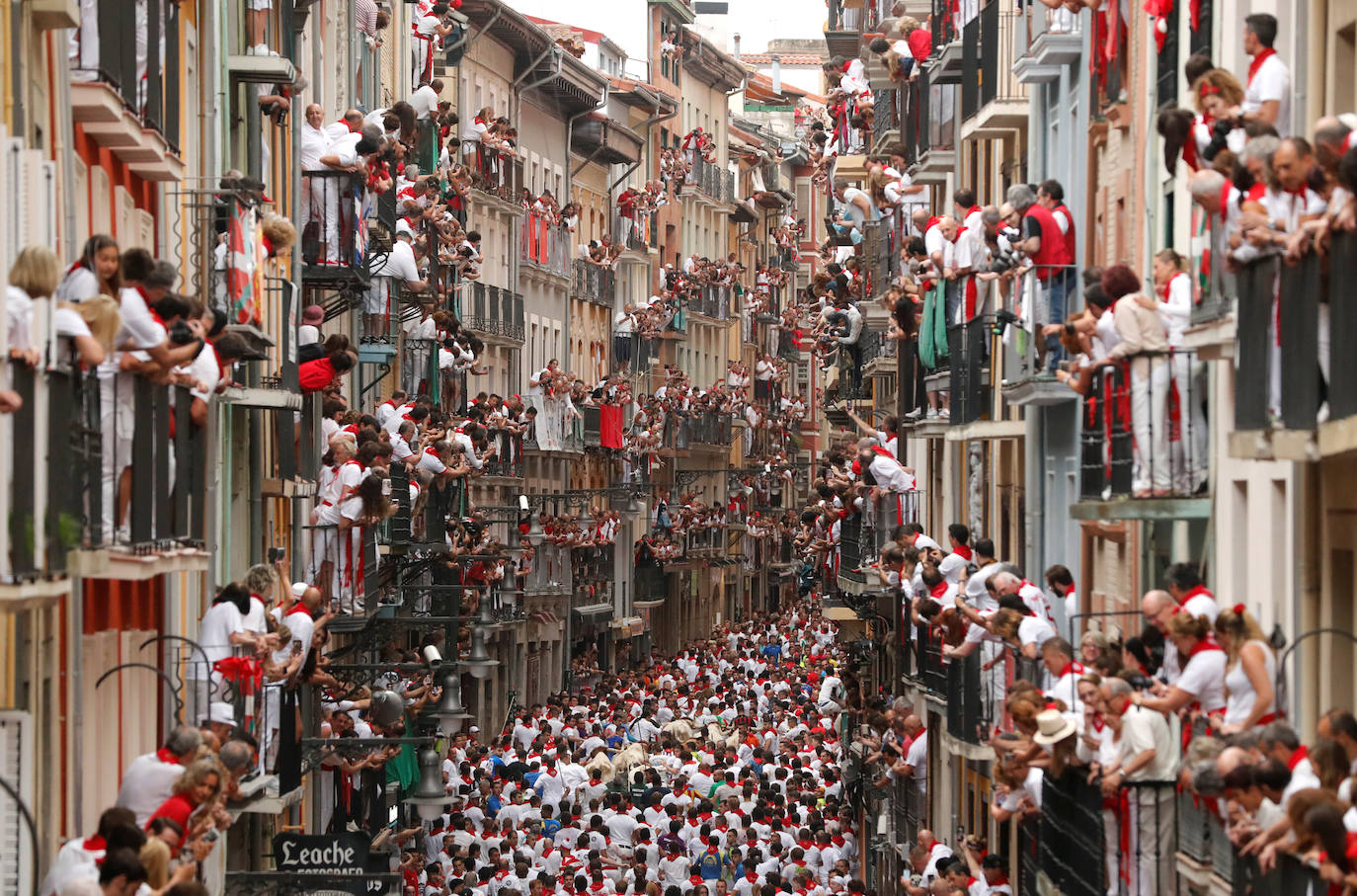 Los toros de El Puerto de San Lorenzo recorren rápidos el trazado de Pamplona dejando varios heridos en el primer encierro de San Fermín 2019.