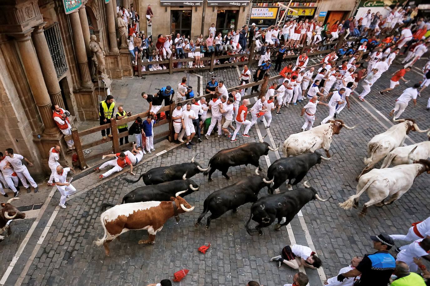 Los toros de Jandilla siguen la tónica de encierro veloz. Los astados dejan fuera su fama de peligrosos tras realizar un recorrido rápido y ordenado en dos minutos y diecinueve segundos. La carrera ha finalizado sin heridos, aunque con bastantes golpes.