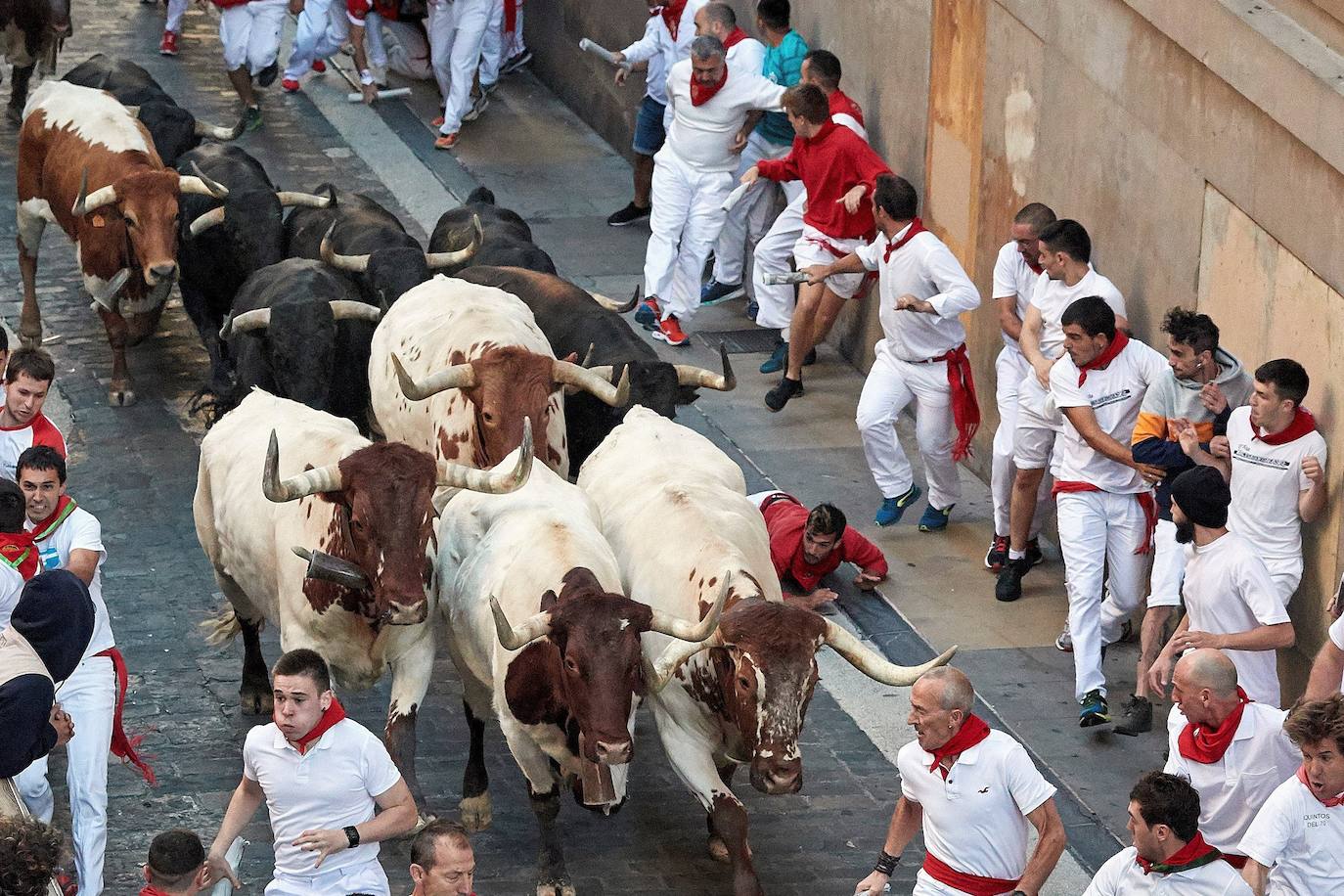 Los toros de Jandilla siguen la tónica de encierro veloz. Los astados dejan fuera su fama de peligrosos tras realizar un recorrido rápido y ordenado en dos minutos y diecinueve segundos. La carrera ha finalizado sin heridos, aunque con bastantes golpes.