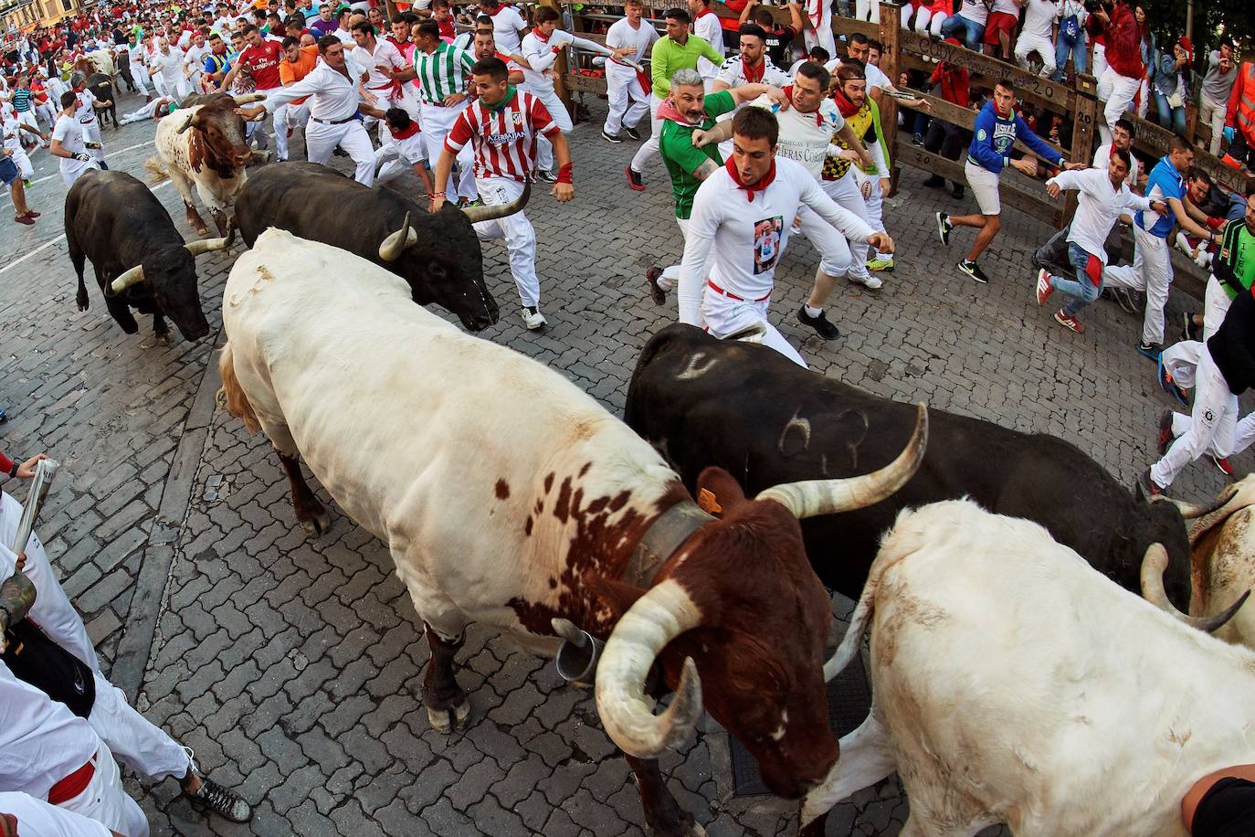 Los toros de Jandilla siguen la tónica de encierro veloz. Los astados dejan fuera su fama de peligrosos tras realizar un recorrido rápido y ordenado en dos minutos y diecinueve segundos. La carrera ha finalizado sin heridos, aunque con bastantes golpes.