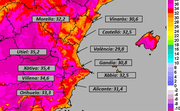 'Mapa de calor': previsión de temperaturas de Aemet para este sábado.