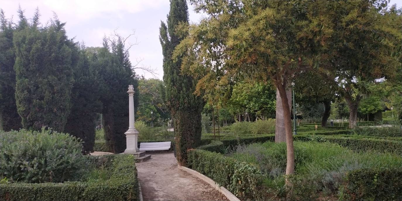 Imagen principal - Imágenes 1 y 2: zonas de abundante vegetación en los Jardines de Viveros. Imagen 3: Luis Miguel Pradas, vecino que suele acudir con sus hijos al parque. 