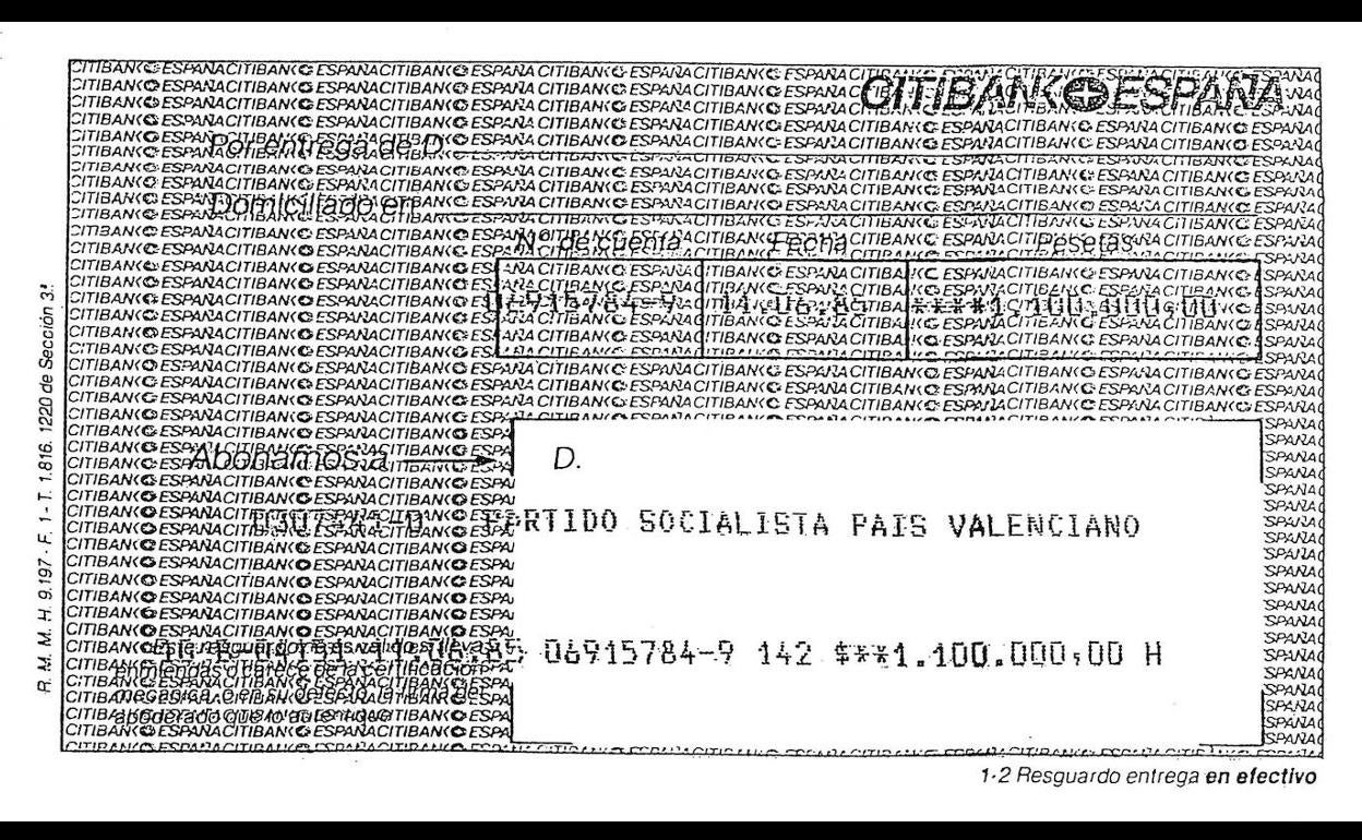 Abono a PSPV. Entrega anónima de 1,1 millones de pesetas a la cuenta del PSPV en Citibank España el 11 de junio de 1985. Hay varias aportaciones anónimas sin identificar. 