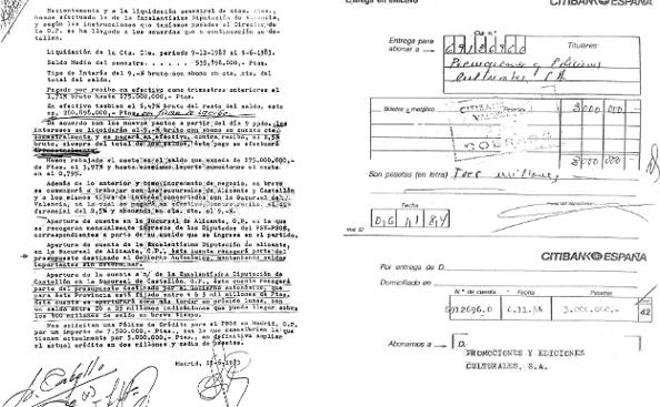 Imagen principal - 1. Acuerdo. Documento firmado el 15 de junio de 1983 por Antonio Cabello, ejecutivo principal de Citibank en esa fecha. El acuerdo desvela el «nuevo pacto» con el PSPV para la gestión de las cuentas del partido y el cobro de intereses. 2. Aportación a Pecsa. Recibo de Citibank España de una entrega en efectivo anónima de tres millones de pesetas a Promociones y Ediciones Culturales (Pecsa) el 6 de noviembre de 1984. 3. Adeudo. Hay varias operaciones de adeudo con cantidades que superan los tres millones de pesetas autorizadas por los ejecutivos de Citibank. 