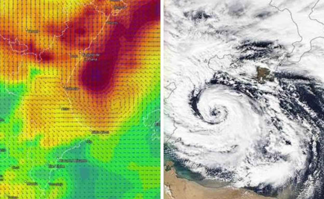 La DANa, entre la Comunitat Valenciana y Baleares y una imagen de satélite de la evolución de la borrasca.