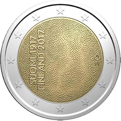 Finlandia 2017. Esta moneda, cuya tirada es de 500.000, tiene un precio de unos 3 euros. Los coleccionistas apuntan a que es muy probable que este modelo se revalorice con el paso de los años, ya que es un modelo diferente: eran especiales porque homenajeaban a los 10 nuevos países que ese año entraron en la Unión Europea