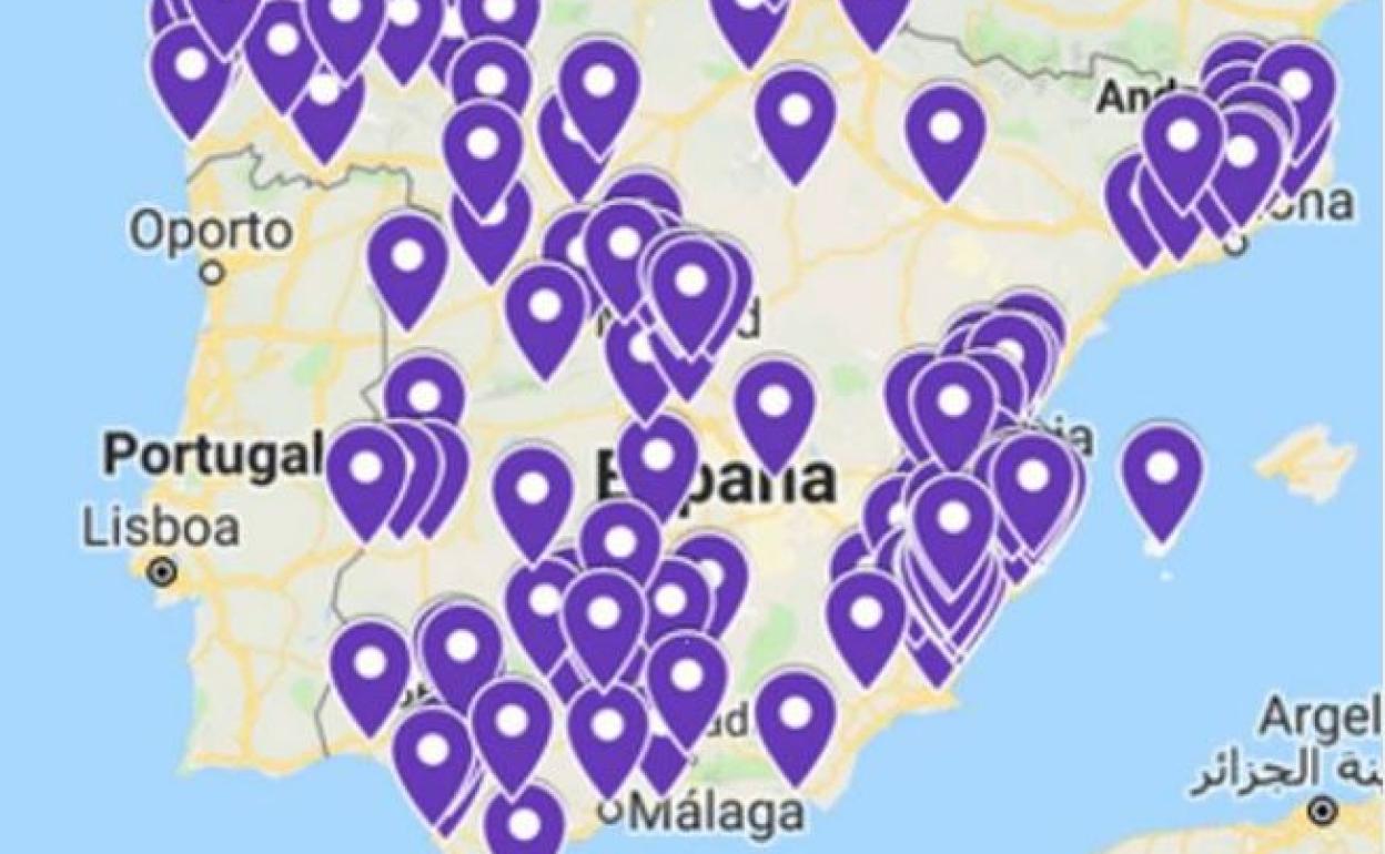 Mapa de concentraciones en España por la Noche Violeta. 