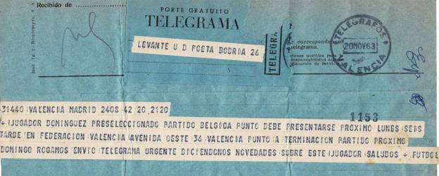 Internacional. El telegrama de la Federación con el que citó a Ernesto Domínguez, único levantinista que ha jugado con España.